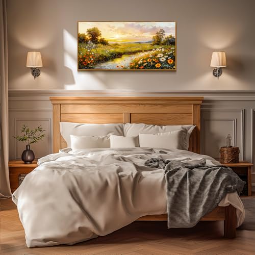 crmotu Large Landscape Wall Art, Flower Pictures Wall Decor, Framed Wall Art, Wetland Sunset Scenery Canvas Prints, Riverside Wildflowers Wall Paintings for Living Room Farmhouse Kitchen 20x40inch