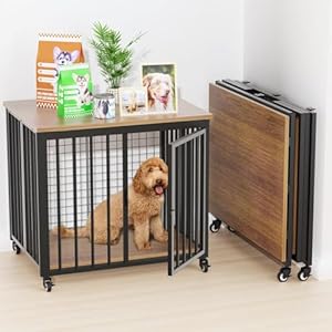 32″ Medium Dog Crate Furniture Style with Wheels,Foldable Dog Crate End Table for Small/Medium Size Dogs,Indestructible Dog Cage Furniture Style Chew Proof No Assembly