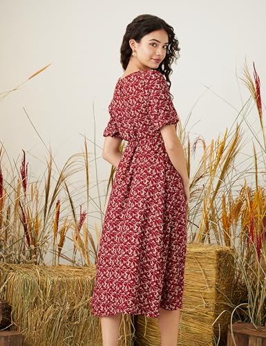 Image of Amazon Brand - Symbol Women Rayon Fit and Flare One Piece Midi Length Dress (with Self Fabric Belt) (Available in Plus Sizes)
