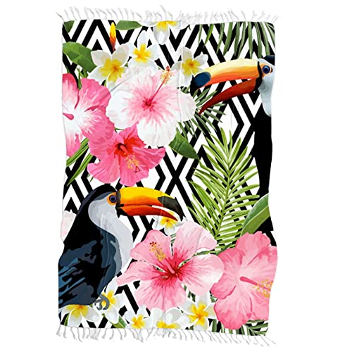 FANSU Serviette de Plage Grande Taille Anti Sable, Motif Toucan Serviettes de Plage à Séchage Rapide Drap de Plage Serviette de Bain avec Frange Tapis de Plage (150x130cm,Toucan Noir)