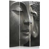 Feeby Frames. Die gedruckten auf  Canvas Leinwand Wandschirme, dekorative Trennwand, Paravent beidseitig, 3 teilig (110x180 cm), Buddha, GRAU, SCHWARZ
