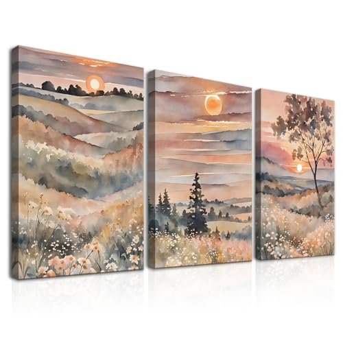 Dazzlewall Framed 3pcs Watercolour Landscape Wall Art, Wildflower Mountain Sunrise Artwork Print, Sunset Nature Scenery Wall Decor for Living Room, 12x16 in