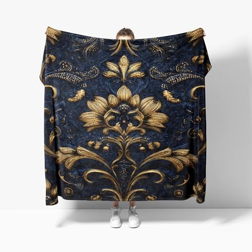 Kuscheldecke Flauschig Weiche Flanell Fleecedecke XL 130x150 cm - EuropäIsche Goldene Blumen Wohndecke Warm Sommerdecke Sofadecke, Dunkelblau Tagesdecke für Erwachsene Kinder Schlafzimmer