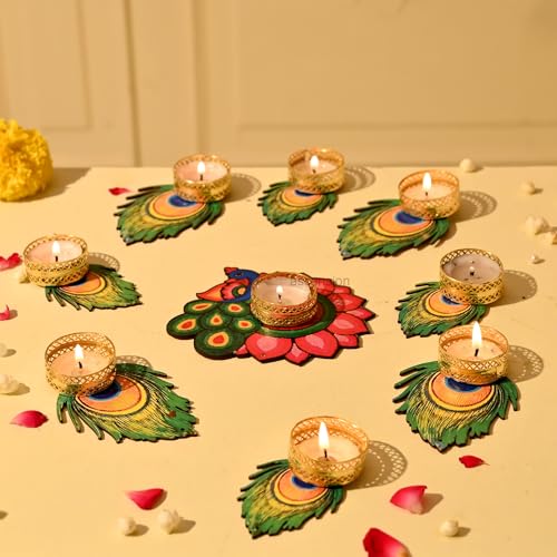 Image of Ascension Decorative Peacock Tealight Candle Holder Stand Set of 9 - Mor Pankh Design Reusable Diya for Diwali Floor Rangoli Decoration Items, Home Decor, Diyas Indoor Outdoor Office Gifting,