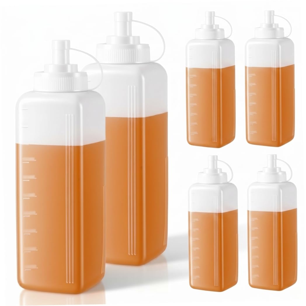 Faticenic Condiment Bottle, 6 Pack Wide Mouth Squeeze Bottles, 32oz Thickened Plastic Sauce Bottles With Clear Scales, For Condiments & Chunky Sauces, Sauce Squeeze