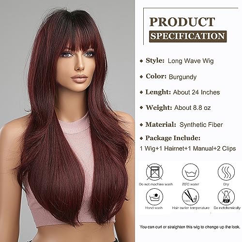 Esmee Long Ombre Red Wigs for Women Natuaral Synthetic Wavy Curly Hair Burgundy Wig with Fringe for Daily Party Cosplay Use-24 Inches - Image 2
