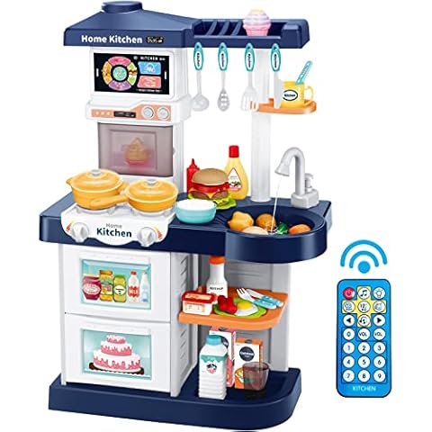 LZZAPJ Kids Play Kitchen Playset, Toddler Toy Kitchen with Remote Control Lights and Music,Pretend Steam and Play Sink, Blue Kitchen Accessories Set for Kid, Birthday for Boy Girl Cover