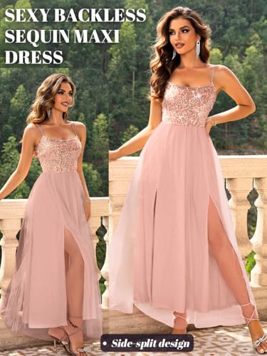 Image of ShawGobow Tulle Prom Dress with Slit,Sequin Backless Long Flowy Dresses for Women,Sexy Sparkly Outfits Homecoming Wedding