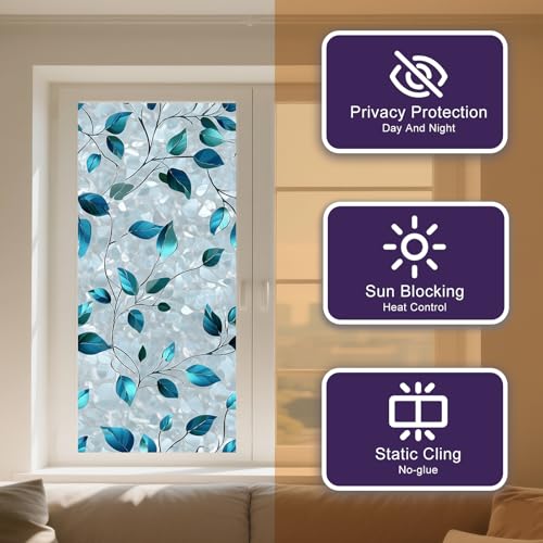 Film para ventana decorativo azul con diseño de hojas 17.7 x 39.3 pulgadas miniatura 5
