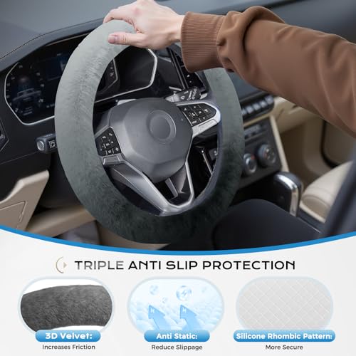 Image of Coverado Winter Fluffy Steering Wheel Cover, Upgraded Anti-Slip Fuzzy Furry Car Steering Wheel Cover, Universal 14-15 inch, Soft Plush, Warm, No Odor, Luxurious Decoration for Women Men, Gradient Gray