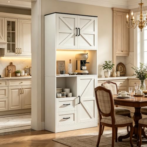 Image of 67.72 inch Tall Kitchen Pantry Cabinet with LED Light & Charging Station, Modern Kitchen Hutch with Microwave Stand, Countertop, Doors & Adjustable Storage Shelves