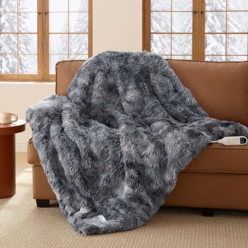 Image of Bedsure Faux Fur Heated Blanket Twin Size, Long-Pile Electric Blanket, Grey