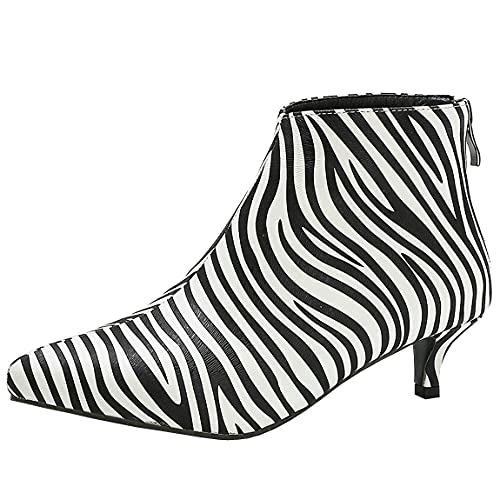 Trendenzy Womens Pointed Toe Kitten Heel Ankle Boots with Back Zipper