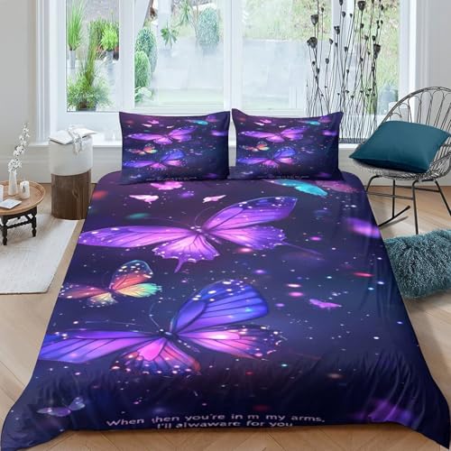 Housse de couette papillons violets 3D parure lit King drap microfibre avec taies