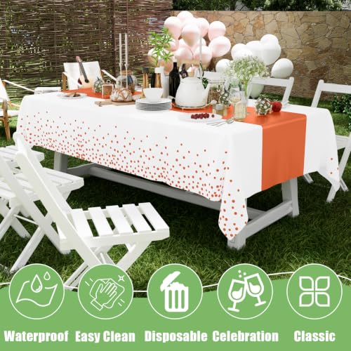 Image of Smiry Plastic Table Cloth Disposable 4 Pack, 54 x 108 Inch Rectangle Waterproof Tablecloth, Printed Gold Table Runner Style for Birthday Weeding, Party Decorations, Sturdy, White and Rust