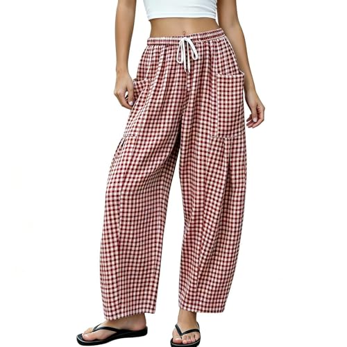 Image of Gingham Trousers Women UK Casual Drawstring Elastic Waist Wide Leg Pants with Big Side Pockets Barrel Leg Bottoms Lightweight Young Check Trousers Y2k for Beach Vacation Loungewear Red