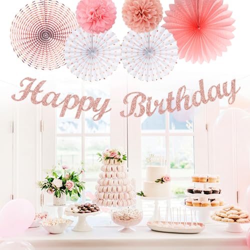 Image of Pink White Rose-Gold Birthday Party-Decorations - 21pcs Happy Banner, Paper Lanterns,Tissue Pom Poms Flower Fan,Honeycomb Ball,Swirl Streamers Garland Supplies Decor Girls Women Huglony
