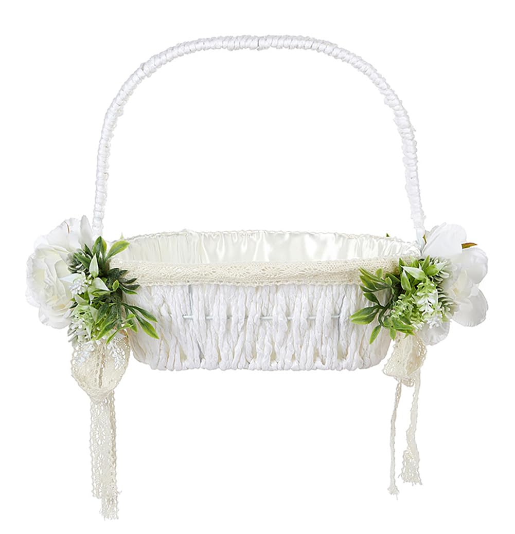 Large Flower Girl Baskets for Weddings, Lace White Flower Trim and Greenery Adornments Wedding Basket with Foldable Handle