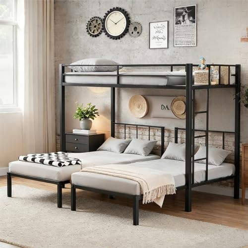 Mixcous Triple Bunk Bed Twin XL Over Twin & Twin Heavy Duty Metal Bed Convertible to 3 Beds for Teens & Adults Bunk Bed Frame with Adjustable Ladder Noise-Free Ideal for Space-Saving Needs Black