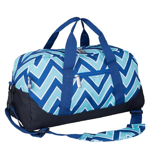 Image of Wildkin Kids Overnighter Duffel Bag - Carry-On Travel Bag for School & Sleepovers, Lightweight, Durable, Boys & Girls Ages 4-15 - Chevron Blue