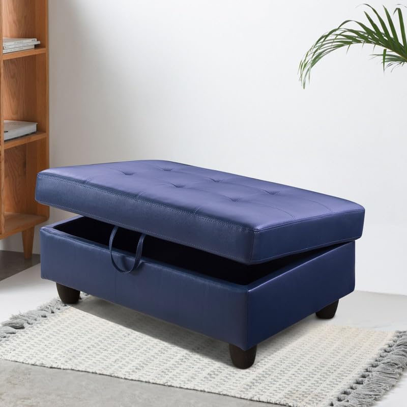 Blue Semi PU Synthetic Leather Storage Ottoman for Home Office Bedroom Living Room, Strong Bearing Capacity Sofa Small Sofa Setee