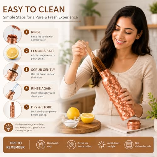 Image of 100% Pure Copper Water bottle 32 Oz with Cleaning brush, Diamond Design