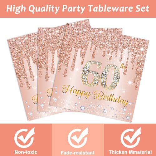 Image of ZOIIWA 96 Pieces 60th Birthday Party Tableware Set for Pink Rose Gold 60th Paper Table Decorations Supplies Pink Rose Gold Happy 60 Birthday Dessert Plates Napkins Forks for 24 Guests Women Supplies