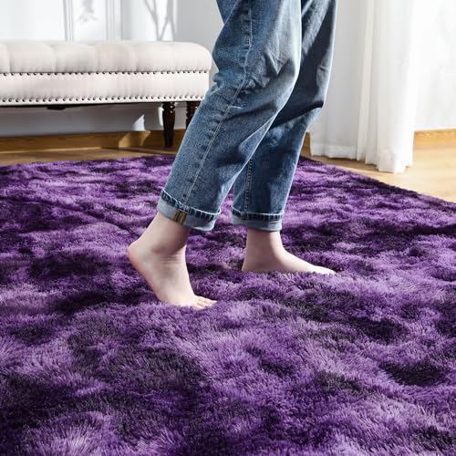 Image of Softlife Dark Purple Area Rug for Living Room, Fluffy Shag Plush 6x9 Rugs for Bedroom Girls Kids, Shaggy Soft Fuzzy Tie Dyed Large Carpet for Dorm Bedside Ultra Cozy Non-Slip Indoor Decor