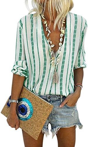 Astylish Womens Casual Long Sleeve Striped Print Deep V Neck Button Down Blouse Casual Tunic Shirts Tops Large 12 14 Green