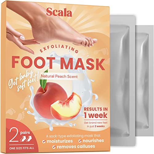 Scala Foot Peel Mask Treatment (2 Pack) Dead Skin Remover For Feet, Dry Cracked Feet, Exfoliator Gel Fixes Cracked Heels, Peeling Reveals Baby Soft Smooth Skin, Peach - Birthday Gifts For Women #TOP7