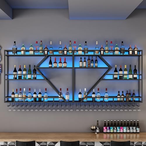 Estante industrial de metal colgante para vino con soporte LED de 3 niveles para botellas de pared y estante de vidrio, almacenamiento de vino para bares y comedor (negro)