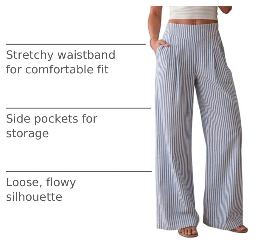 AKEWEI Summer Pants for Women Wide Leg Linen Flowy Pants Beach Vacation Clothes Travel Lounge Bottoms with Pockets Striped Navy Blue S - image 4