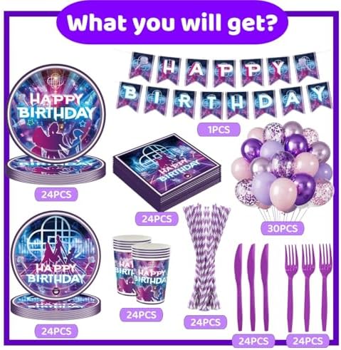 Kpop Birthday Party Decorations Serve 24, 199Pcs K Pop Party Supplies, Dinner Plates Dessert Plates Napkins Cups Forks Pink Purple Balloons for Kpop Party Favors - 1