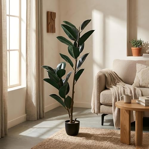 Image of Kayra Decor Artificial Rubber Plant 4ft with Pot - Ficus Elastica Tree | Faux Indoor Plant for Living Room, Office, Balcony & Home Decor