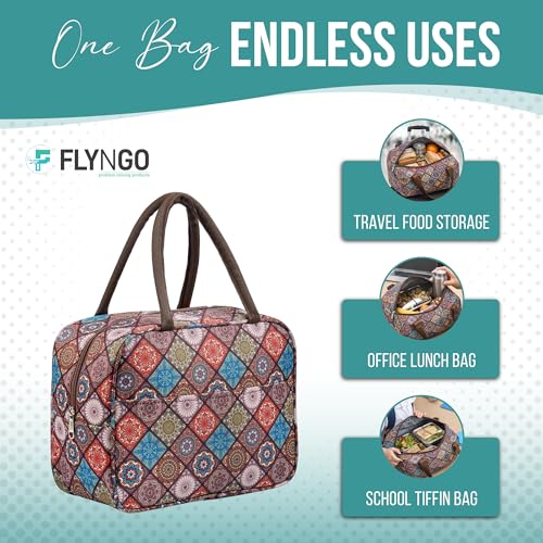 Image of FLYNGO Large Insulated Lunch Bag for Office, School, Women, Men, Tiffin Pouch Bag, Hot & Cold Lunch Box Bags for Boys, and Girls (Brown Mandala)