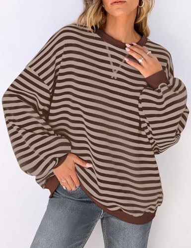 Image of UEU Women Oversized Striped Crewneck Sweatshirt Long Sleeve Color Block Pullover Tops Casual Loose Workout Shirt