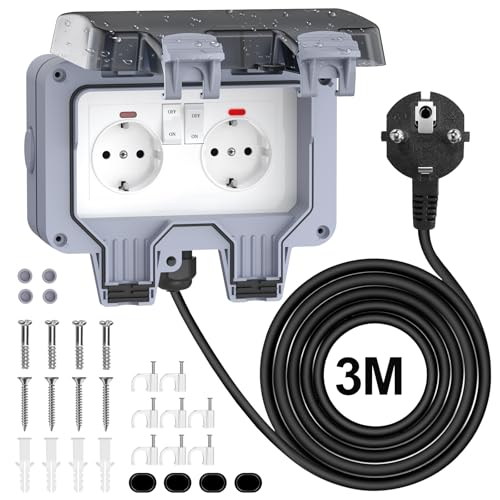 Enchufe Exterior Impermeable con 3M Cable, Toma de Corriente Exterior IP66, Enchufe Exterior Estanco con Interruptor, Conector de Cable y Tapa Abatible, Enchufes Estancos para Garaje Piscina y Jardín
