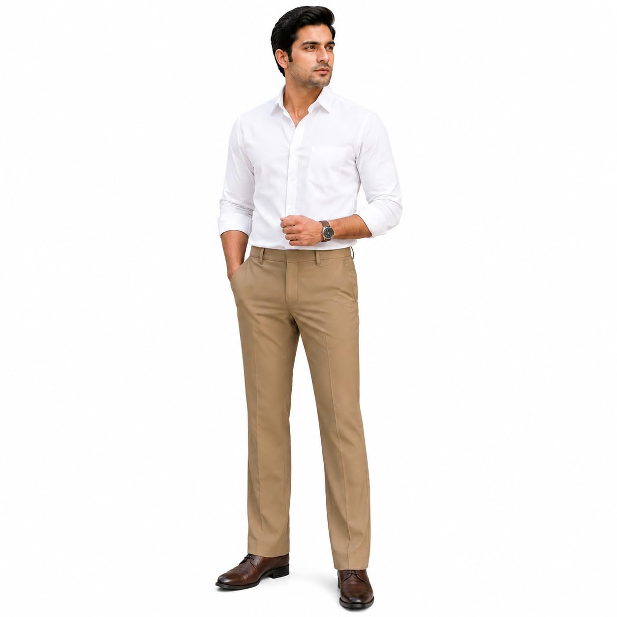 Varticals Men's Formal Trousers, Solid, Flat Front, Khaki, Regular Fit-picture-11