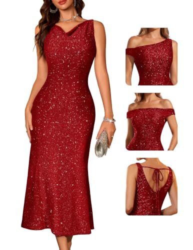 BeryLove Sequin Sparkly Formal Cocktail Wedding Guest Homecoming Party Evening Gown Midi Prom Bodycon Glitter Sleeveless Gowns Ruched Long Dress 0035 Red L