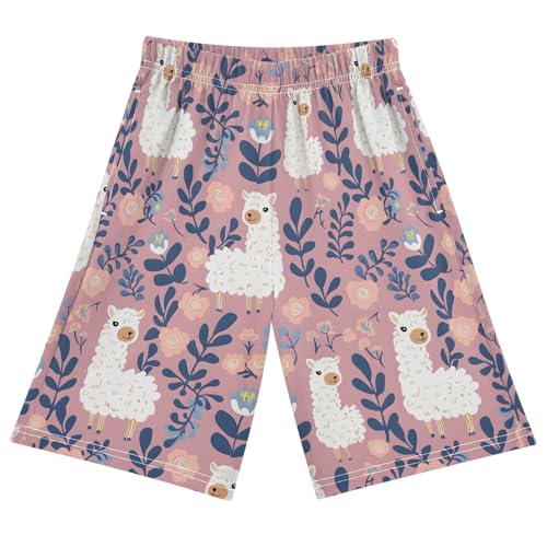 ALAZA Llama Alpaca Leaf Flower Pajama Shorts Sleep Shorts Pant Lounge Pajama Bottoms Elastic Waist with Pockets