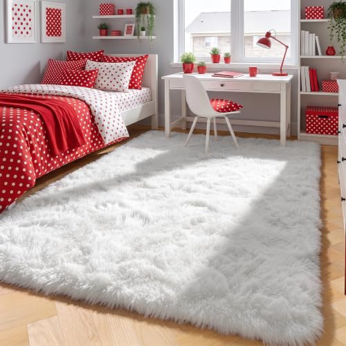 White Area Rugs for Bedroom Living Room, Fluffy 4x6 Bedside Faux Fur Rug