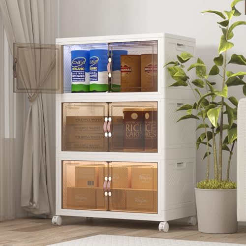 Image of UAMFURI Stackable Storage Bins with Lids, 360QT Closet Organizers and Storage Cabinet with Doors & Wheels, Lockable Plastic Foldable Drawers for Bedroom Dorm Office Garage(120QT*3,White)