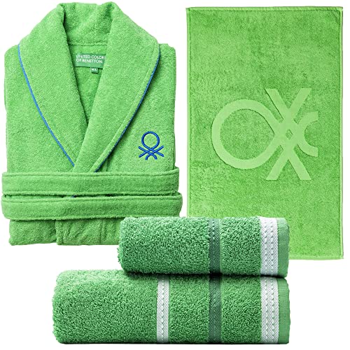 Set de Textil de baño Benetton Verde: Albornoz M/L 360GSM, Set de 2 toallas (50x30cm + 90x50cm) 450GSM, y Alfombra de baño 50X80cm 750GSM, 100% algodón