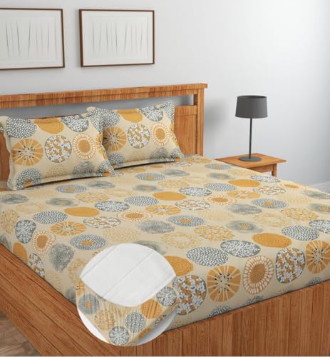 Image of NEW LEAF Glace Cotton Fitted King Size Double Bedsheets with 2 Pillow Covers | Elastic Fitted | Wrinklefree | Ultrasoft |Winter Bedsheet 220 tc tc Floral | 78 x 72+10 Inches, Cream Grey