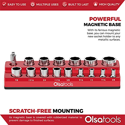 Image of Olsa Tools Magnetic Socket Organizer | 1 /2-inch Drive | SAE | RED | Holds 16 Sockets | Professional Quality Tools Organizer