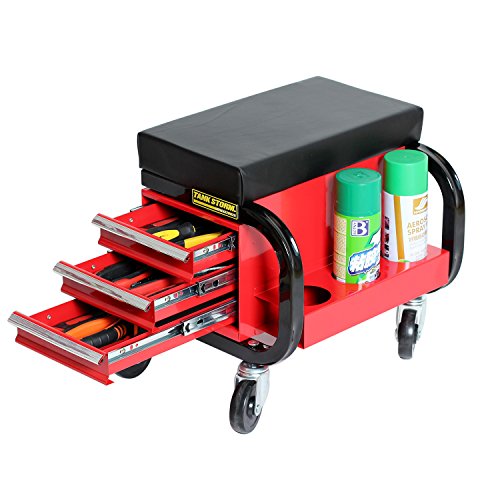 Tankstorm Tool Box Built-In Creeper Seat, Garage Shop Roller Seat, 3 Drawers Heavy Duty Tool Chest With 4 Rolling Casters-350 Lbs Capacity #TOP5