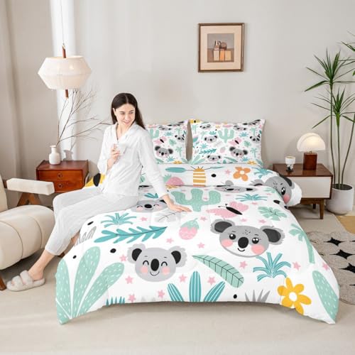 Image of Feelyou Cartoon Koala Comforter Queen, Cute Koala Bear Comforter Set for Kids Boys Girls Kawaii Animals Comforter Set Tropical Plants Duvet Set Durable Quilt Set