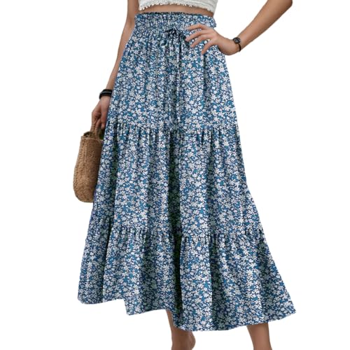 EMOTTOS Women Maxi Skirts Summer, Boho High Elasticated Waist Loose Ruffle Hemline, A Line Bohemian Vintage Floral Printed Beach Decorative Drawstring, Long Skirt Flowy Swing Pleated, Blue, XL