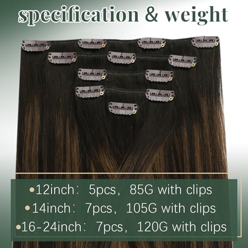 Image of Ugeat Balayage Clip in Hair Extensions Human Hair Brown 12 Inch 5pcs 85g | Real Human Hair Clip in Extensions , Dark Brown Balayage Medium Brown