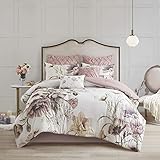 Madison Park Cotton Comforter Contemporary Floral Design All Season Set, Matching Bed Skirt, Decorative Pillows, Queen(90'x90'), Cassandra Shabby Chic, Blush